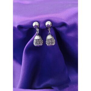 Vintage Judy Lee Silver Tone Clip On Bell Shape Earrings Faux Pearl Filigree